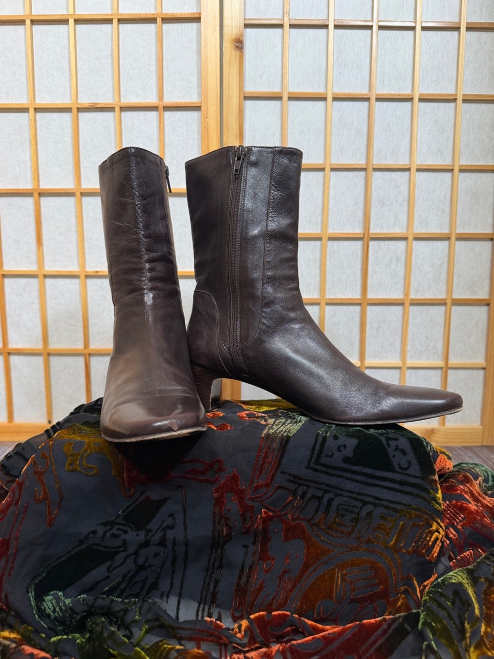Cole Haan Brown Leather Mid-Calf Zip Heeled Boots